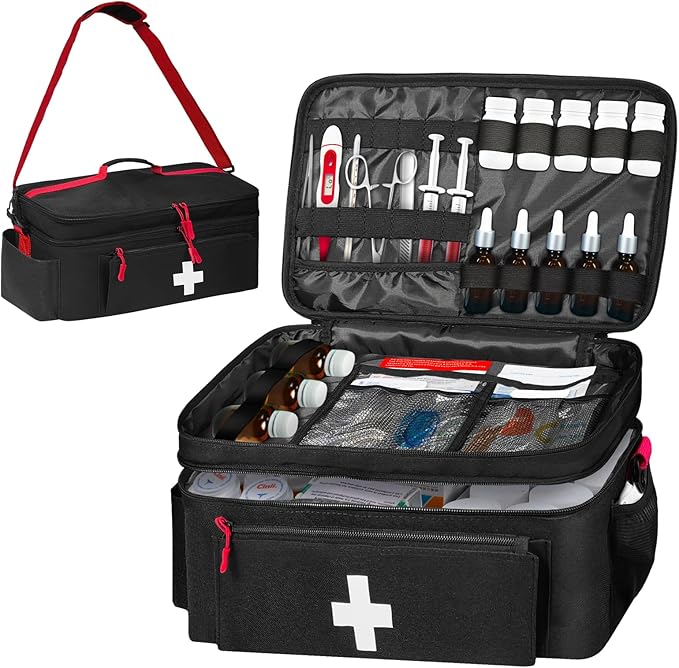 Boczif First Aid Kit, First Aid Storage Carry Bag, Pill Bottle Organizer for Emergency Trauma Medical Kits Supplies Waterproof, Ideal for Home, Travel, Outdoor, Camping (black with shoulder strap)