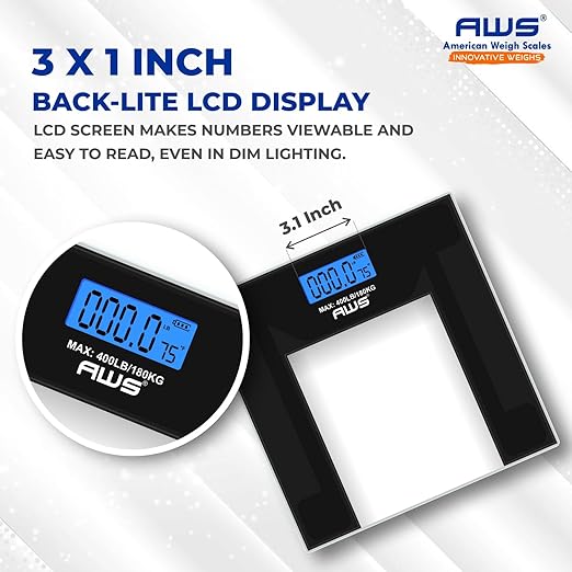 AWS Digital Bathroom Scale 400 lb Capacity | Clear Tempered Glass Body Weight Scale with Large Display | Low-Profile Modern Design, High Accuracy & Step-On Technology