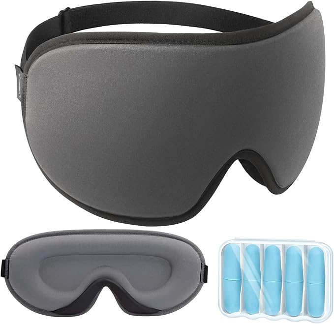 LYSIAN Cooling Sleep Eye Mask Men Women, 3D Night Blindfold Sleep Mask with Earplugs, Soft Pressure-Free Shade Cover for Travel, Yoga (Silver-Grey)