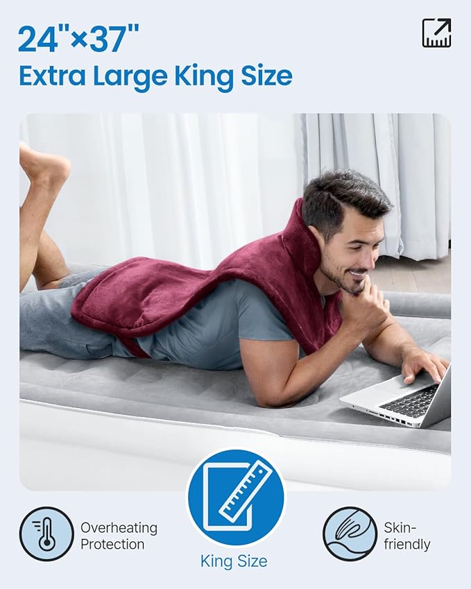 RENPHO King Size Heating Pad for Back, Birthday Gifts for Mom Wife Men, FSA Eligible, 24"x37" XL Large Weighted Electric Heat Pad for Neck and Shoulders, ETL Certified, Dark Red
