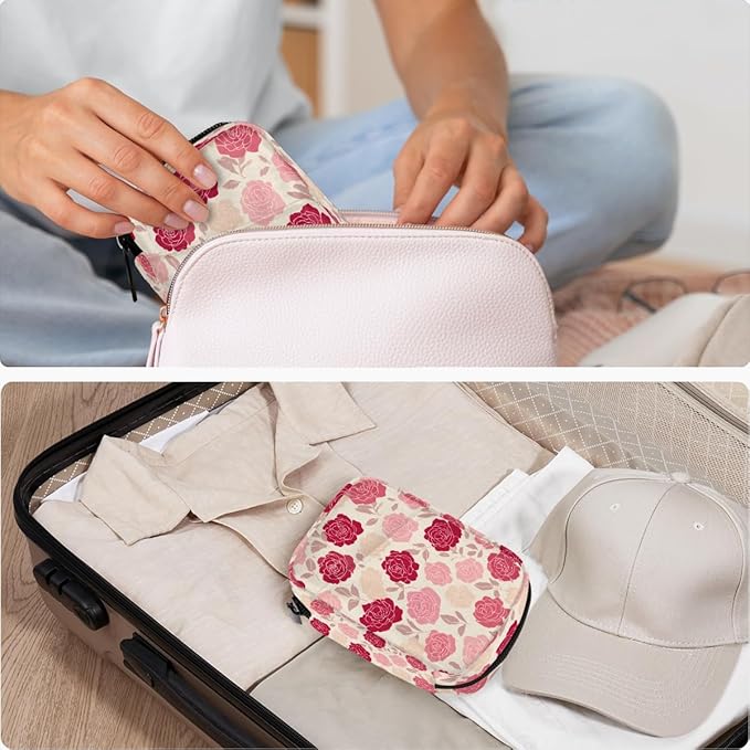 Pink Roses Flowers Pill Case Everyday Travel, 7 Day Weekly Medicine Pill Box Compact Portable Pills Bottle Organizer with Zipper for Daily Vitamin Medicine Holder Bottle Organizers Bag