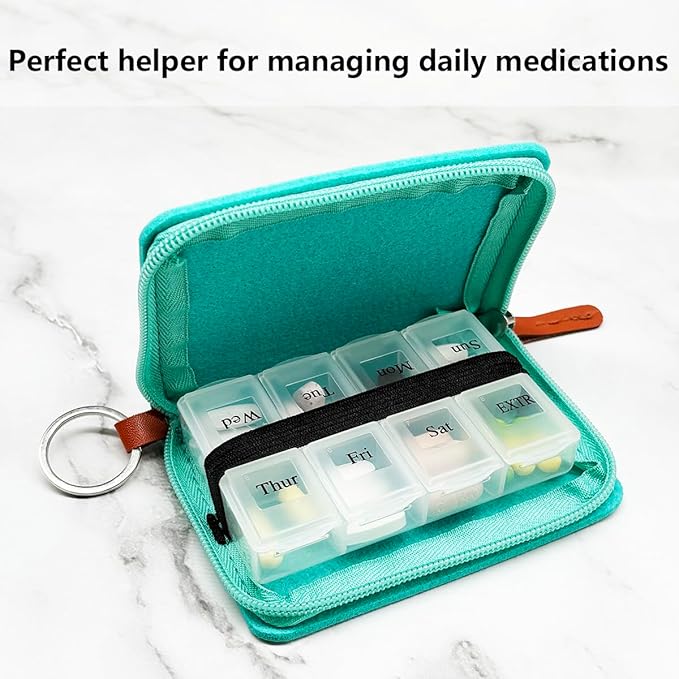 Pill Case for Vitamin and Supplement Organizer, EFFIET 7-Day Portable Cute Little Pill Box with Fabric Cover (Green)