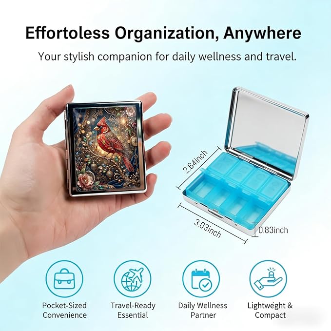 Metal 7 Day Pill Organizer, Weekly Pill Case 8 Compartments, Travel Pill Box for Purse & Pocket, Small Medicine & Vitamin Organizer, PP Dividers, Secure Clasp (Red Cardinal)