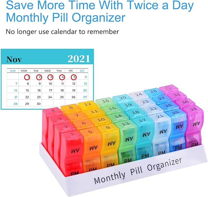 GREENCYCLE Monthly Pill Organizer 2 Times a Day, 30 Days Pill Box AM PM, 4 Week Pill Cases, One Month Pill Medicine Container Small Separate Compartments to Hold Vitamins, Fish Oil, Supplements