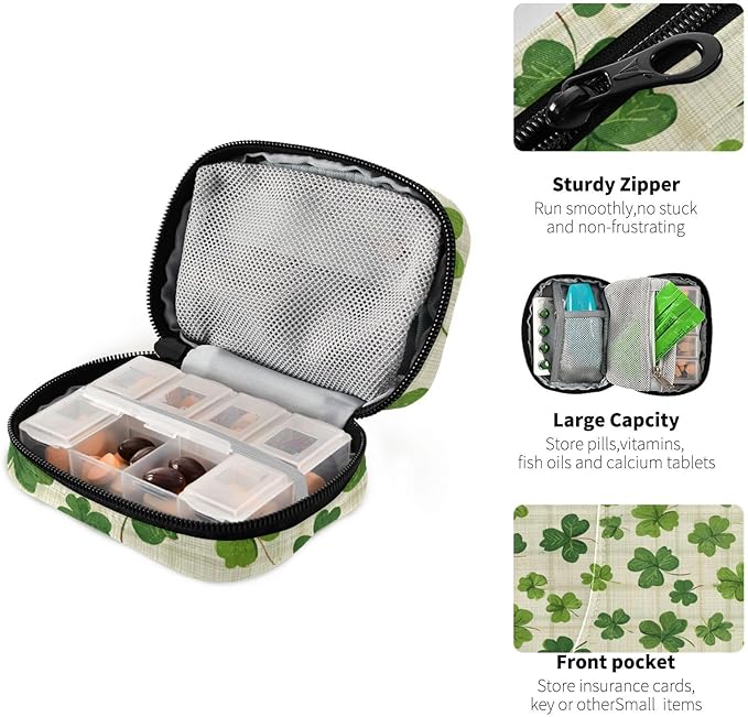 Beige Checkered Clovers Travel Pill Organizer Case Box Container Weekly Portable Vitamin Medicine Holder Storage Bag with Zipper Removable