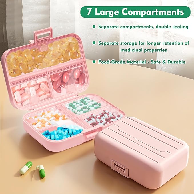 7 Day Pill Organizer with Snap-Lock Leakproof Design - Portable Travel Pill Case for Pills, Vitamins, Supplements, BPA-Free Mini Medicine Box for Work, Outdoor, Traveling (Pink)