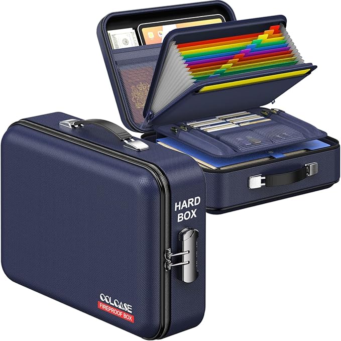 COLCASE Fireproof File Box, Hard Case Fireproof Document Organizer with Lock Hard-Shell Design Fireproof Water Resistant Safe Box for Important Documents Certificates Laptop Passports Blue