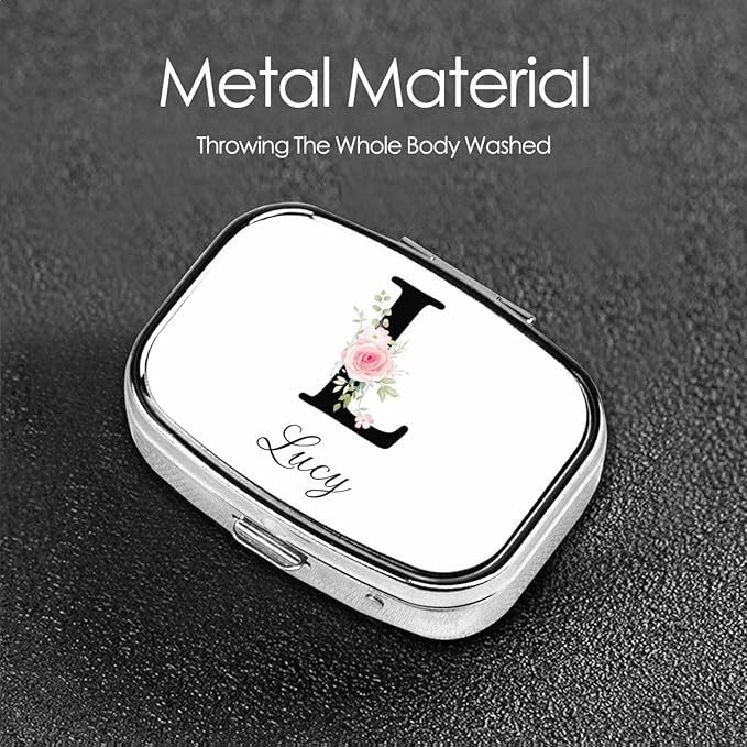 Custom Pill Box Personalized Square Small Pill Case with Mirror Add Your Photo Text Logo Name Decorative 2 Compartment Portable Metal Medicine Container Vitamin Organizer for Pocket Purse Travel (L)