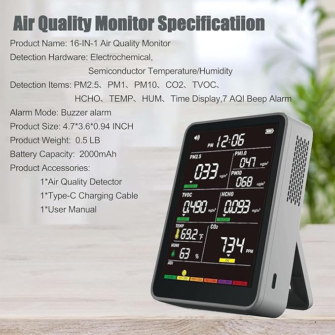 Professional Indoor Air Quality Monitor with AQI Alerts, Portable Real-Time Detector for Home, Car, Plants & Pet
