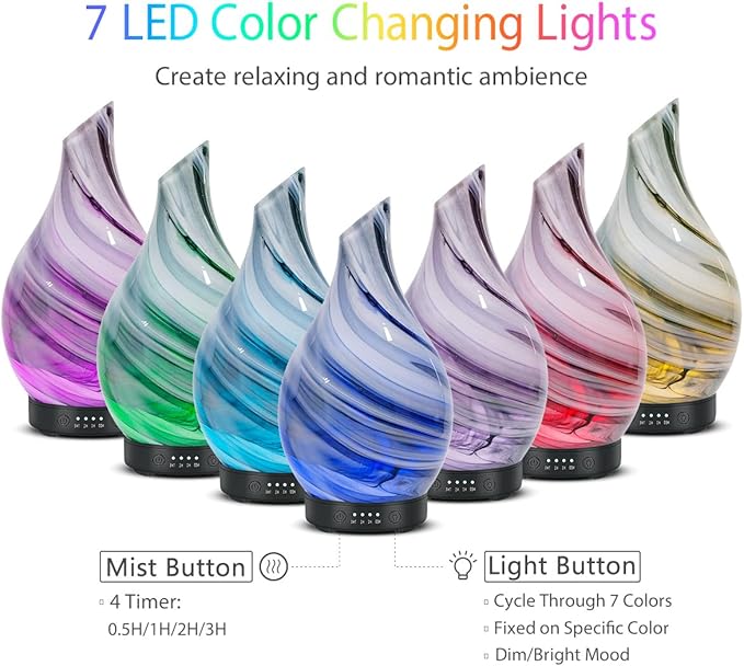 Essential Oil Diffuser Aromatherapy Diffuser - Art Glass Oil Diffuser with Auto Shut-Off Protection 4 Timer Setting 7 Colors Changed LED Night Light for Home Office Decor Gift (Diffuser&Oils Set)