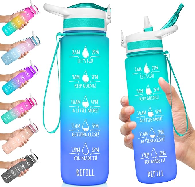 NatureWorks HydroMATE 32 oz Water Bottle with Time Markings Hourly BPA Free Reusable Leak Proof with Straw and Carrying Strap 1 Liter