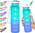 NatureWorks HydroMATE 32 oz Water Bottle with Time Markings Hourly BPA Free Reusable Leak Proof with Straw and Carrying Strap 1 Liter