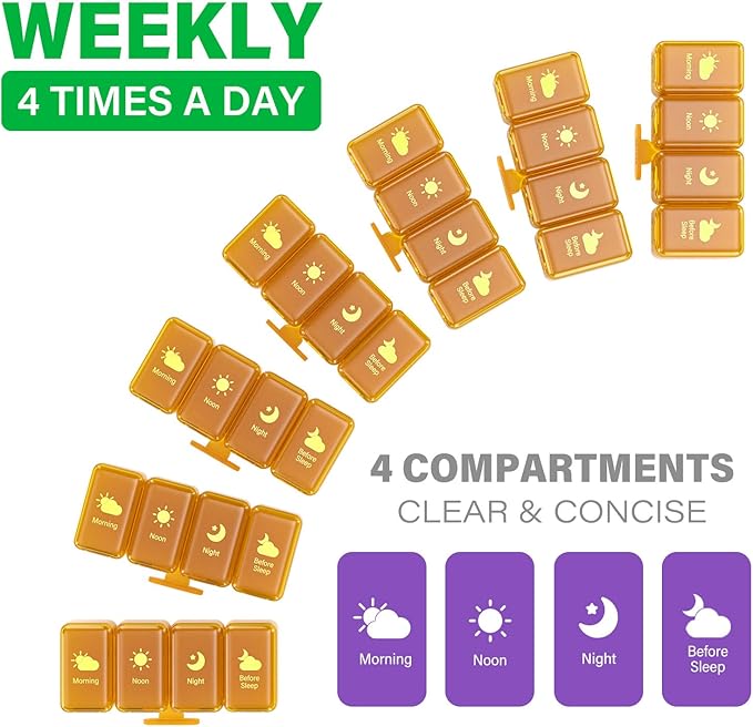 Weekly Pill Organizer 4 Times a Day, Large Compartments Pill Box 4X 7 Day, Medicine Organizer Pill Case for Pills/Vitamins/Fish Oils/Medication/Supplements (Yellow)