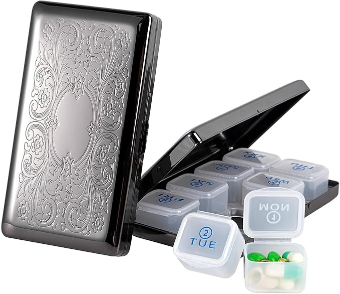 Pill Organizer 7 Days 8 Compartments, Travel Metal Pill Box, BPA-Free Portable Pill Box (Pattern Black, Large)