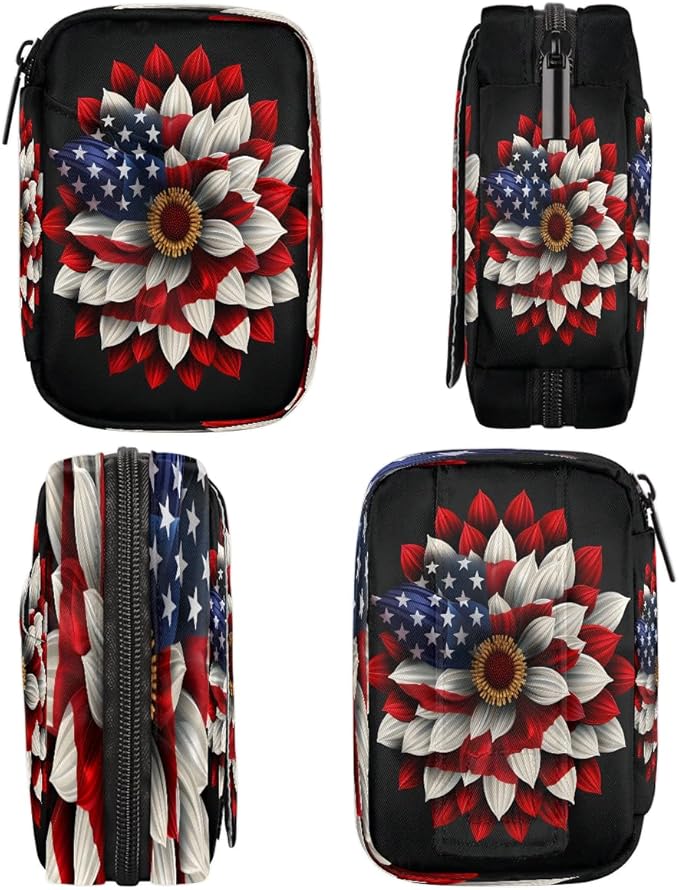 American Flag Daisy Flower Travel Pill Organizer Box Weekly Portable Pill Case Daily Pills 7 Day Small Birth Control Pills Container Removable Compartments for Medicine Vitamins Fish Oil
