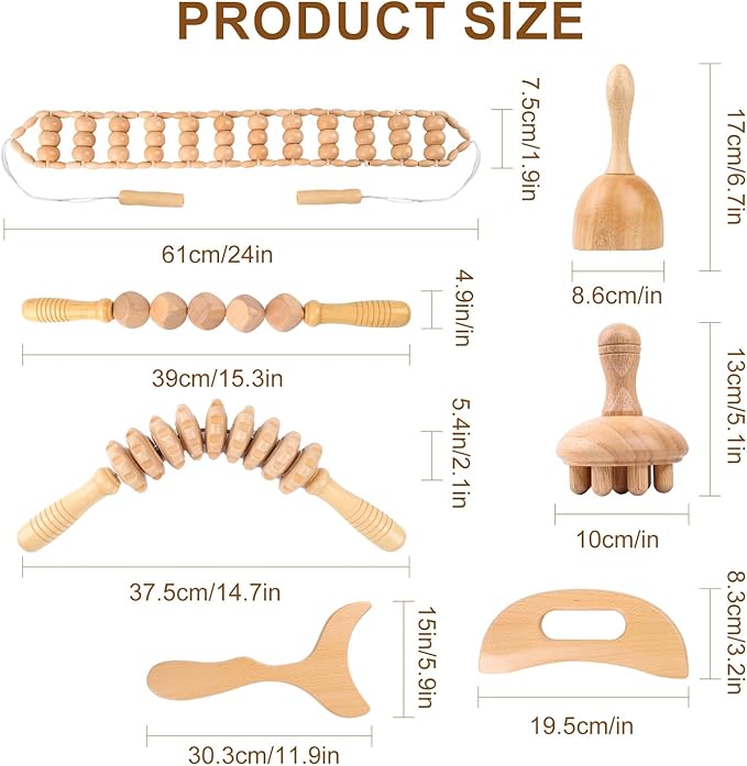 7-in-1 Wood Therapy Massage Tools for Body Sculpting & Lymphatic Drainage - Professional Maderoterapia Kit, Natural Wooden Therapy Tools for Cellulite Reduction