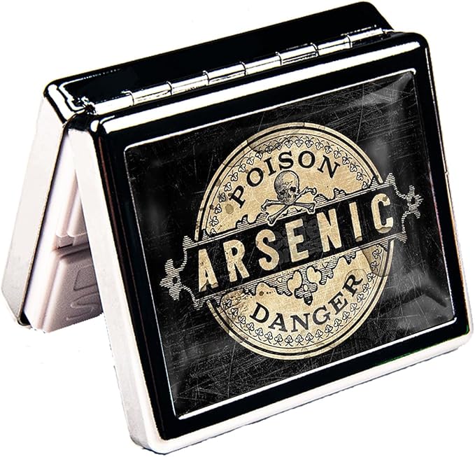 7 Days Chromed Shiny Silver Pill Organizer with Mirror Inside Has 8 Separate Compartments Rectangle 7 Days Pill Box Pill Case (Arsenic Vintage Style Poison Label)