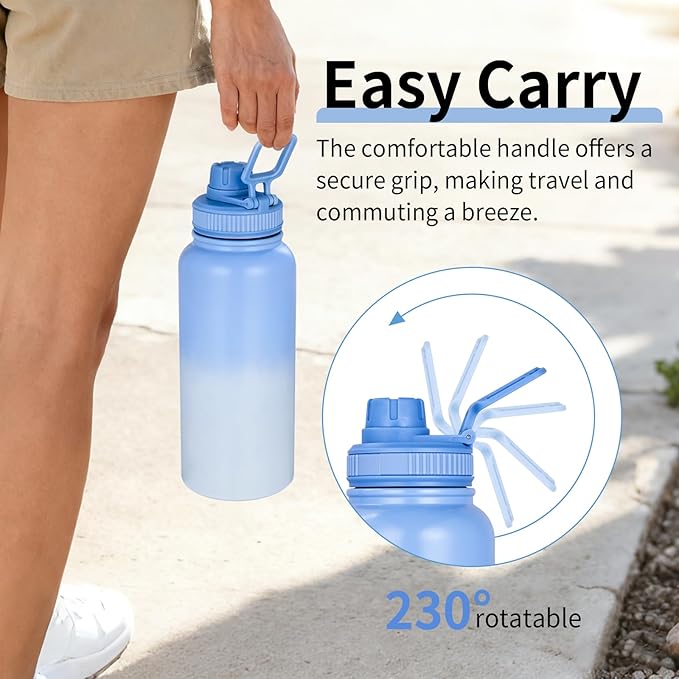 Motivational Water Bottle 32oz with Time Marker- Leakproof & BPA Free Sports Water Bottle with Straw & Carry Strap for Gym, Travel and Outdoor Sports (Stainless steel insulation-Blue)
