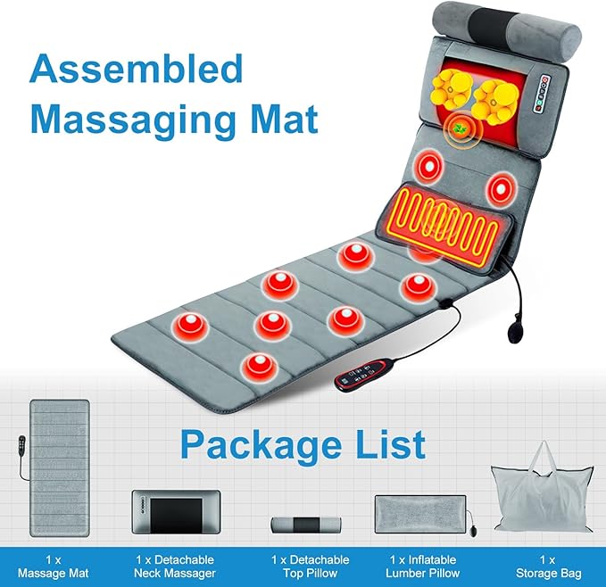 KOCASO Full Body Massage Mat with Heat - Electric Massage Mat Neck/Back Massager 10 Vibration Motors & 9 Modes with 2 Earplugs Lumbar Pillow Timer Anti-Slip Bottom, Mattress Chair Pad for Rleax