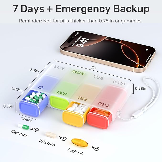 Weekly Pill Organizer 1 Time a Day – Travel Pill Case 7 Day, Small Pill Box 8 Compartments Push Open, with Color Slots, Medicine Organizer for Fish Oil, Vitamins, with Wrist Lanyard, BPA Free, Black