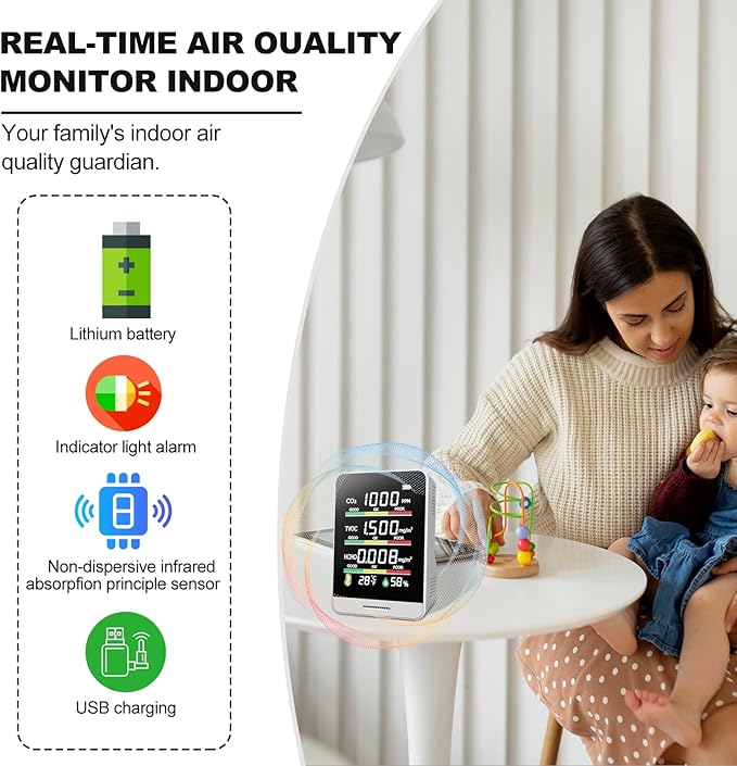 8-in-1 Air Quality Monitor | with Real-Time Temp, Humidity & Clock Display | Portable CO2, HCHO, TVOC, AQI Detector for Home, Office, Car