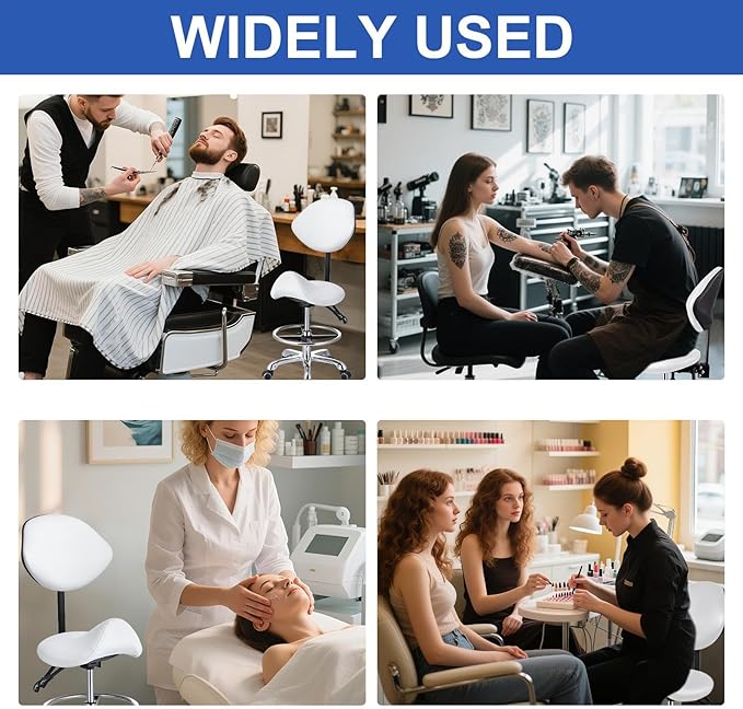 Saddle Stool with Adjustable Backrest and Footrest, Hydraulic Height Swivel Saddle Chair Ergonomic Rolling Stool with Wheels, Heavy Duty SaddleChair for Beauty Salon Spa Dentist tattooshop (White)