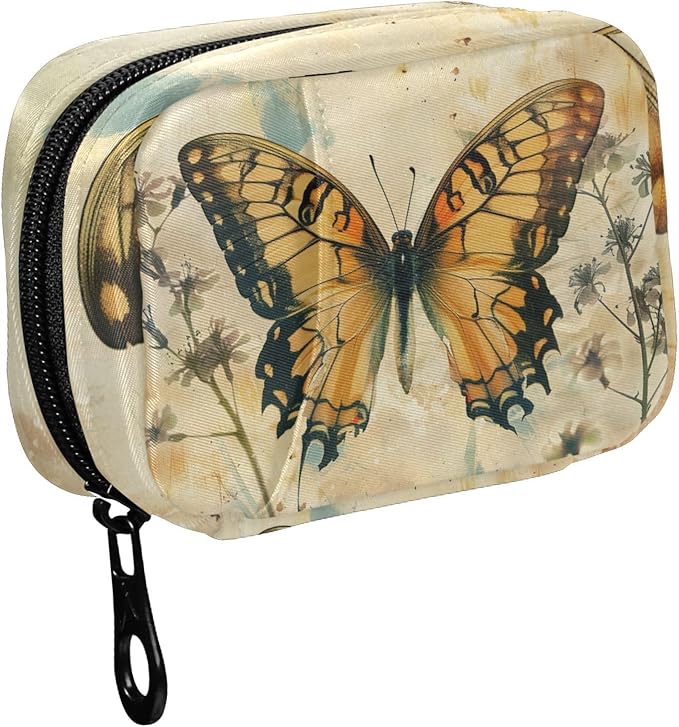 Fustylead Vintage Artistic Butterfly and Flower Pill Organizer Travel Bag, Small Portable Pill Case Cute for Vitamin Fish Oil Supplements Medicine Organizer with Zipper