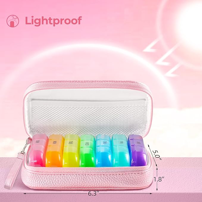 Cute Pill Organizer 3 Times a Day, Large Daily Pill Case for Women, Portable Pill Box 7 Day for Purse with Bag & Zipper to Hold Vitamins, Medications, Fish Oils, Supplements (Pink)