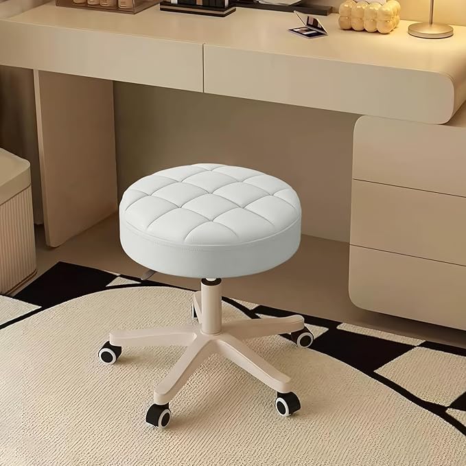 Small Rolling Stool with Wheels, PU Leather Height Adjustable Vanity Work Task Stool, 360 Swivel, Padded Seat Cushion,for Salon, Home, Office
