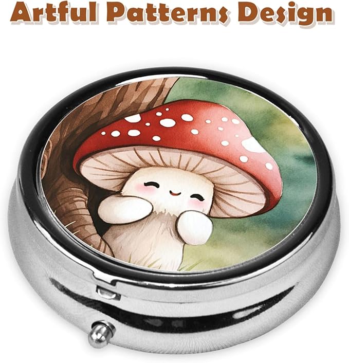 Metal Pill Organizer - 3-Compartment Mini Round Pill Case for Pocket & Purse, Portable Vitamin Holder, Easy-Open Design for Travel - Cute Mushroom