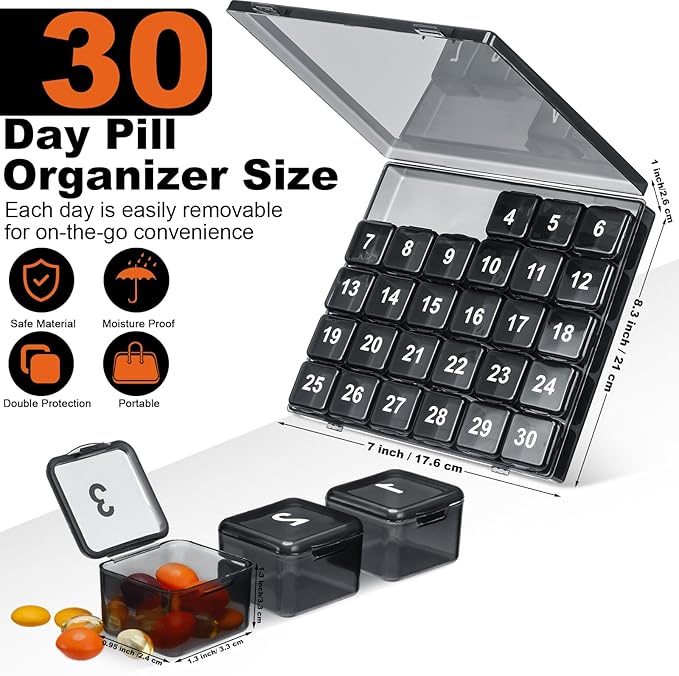 Bokon 3 Pcs Monthly Pill Organizer - 30 Day Medicine Box, 4 Weeks Storage Container, Once a Day Medication Dispenser for Travel, Black