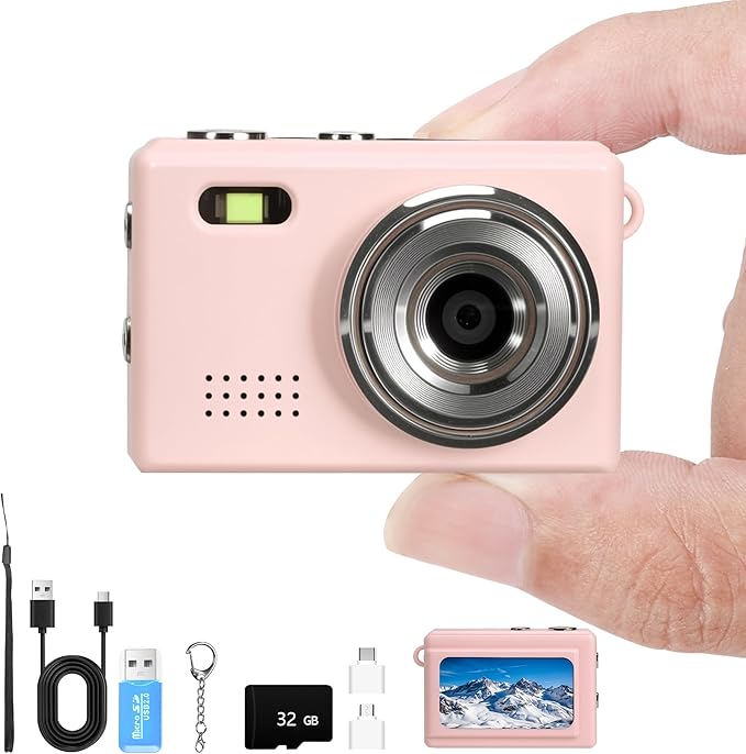Mini Keychain Camera, FHD 1080p Mini Digital Camera with 32GB SD Card, Flash, 6 Creative Filters, 0.96" HD Display, 100 Mins Battery Life for Travel Recording Birthday Gifts (Modern, Pink1)