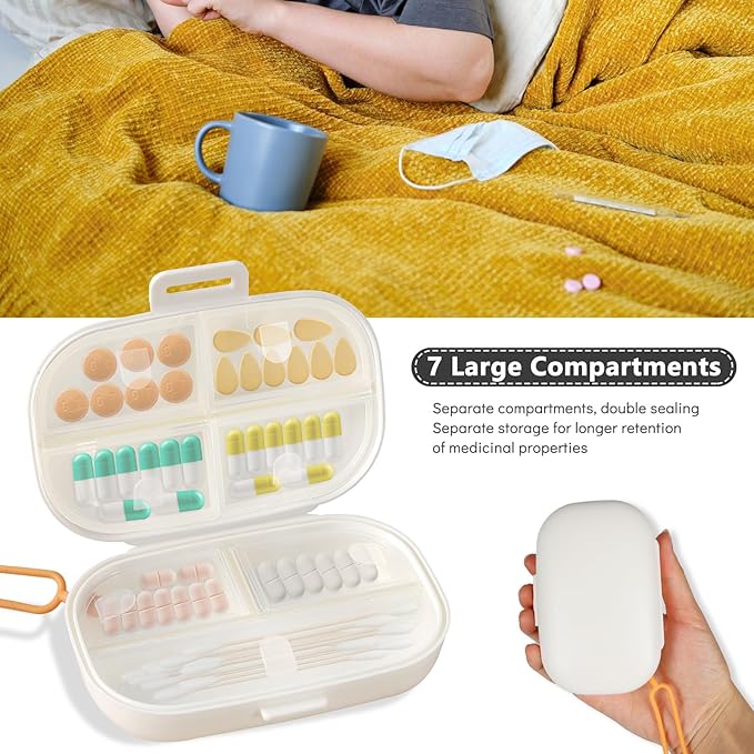 Travel Pill Organizer, Daily Pill Case for Vitamins, Pocket Medicine Organizer, 7 Day Divider Leak-Proof Portable Pill Case with Lanyard (White)
