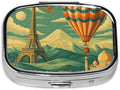 Eiffel Tower & Fire Balloon Pill Box with Mirror 2 Compartments Square Pill Organizer for Pocket
