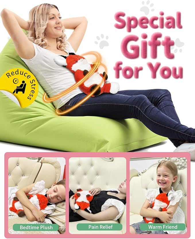 Red Fox Microwave Heating Pad for Period Cramps, Microwavable Stuffed Animal Cute Moist Weighted Plush Heating Bean Bag with Removable Cover Unscented Heatable Gifts