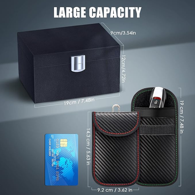 Faraday Box for Car Keys (Extra Large Size 19 x 12 x 9 cm) with 2 Pack Faraday Pouch for Car Keys, RFID Key Fob Protector Anti Theft Faraday Bags Key Fob Signal Blocker Car Key Signal Blocking Box