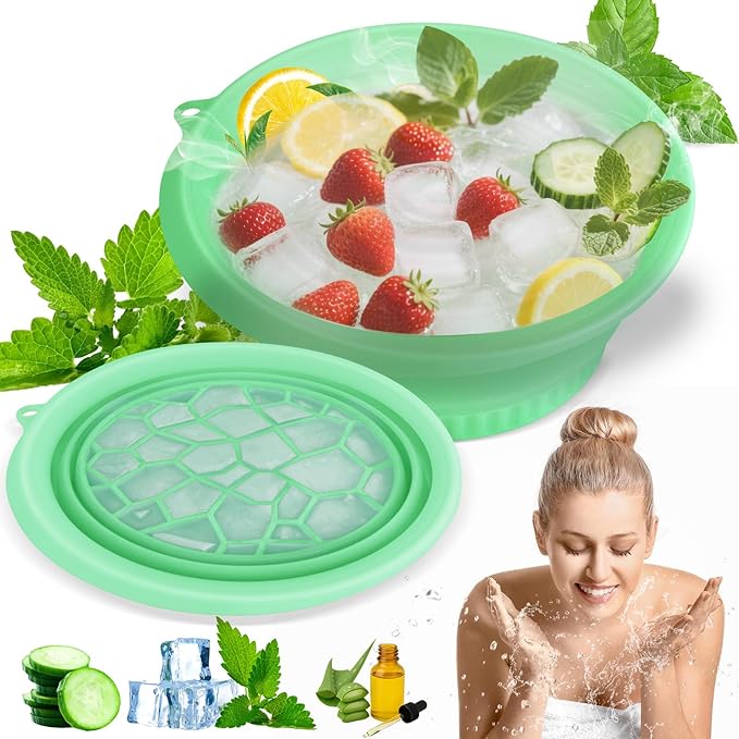 Face Bowl for Ice With Built-in Ice Tray Collapsible Silicone Facial Face Ice Bath Bowl Small Reusable Cold Plunge Basin is Portable,Perfect for Home Use,Camping,Travel Cold Bath Spa Tool & Green