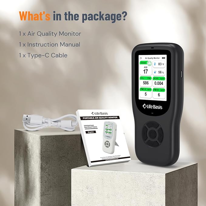 LifeBasis Air Quality Monitor Indoor, 11-in-1 Air Quality Detector with Stand, Real-Time Air Meter Test AQI, PM1.0, PM2.5, PM10, CO2, TVOC, HCHO, Particles, Temperature and Humidity, Dual Alert -Black