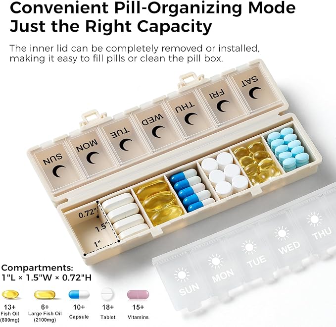 Foldable Pill Organizer Weekly 2 Times a Day, 7 Day Portable AM PM Travel Pill Case with Black&White Labels, Dual-Protection Daily Medicine Box, Large Pill Container for Vitamin/Supplement-Khaki