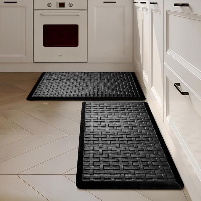 2PCS UKISS Kitchen Rugs, Cushioned Anti Fatigue Kitchen Mats for Floor, Waterproof Kitchen Rug，Non-Slip Comfort Standing Mat for Kitchen (Black, 17.3"x28"+17.3"x28")
