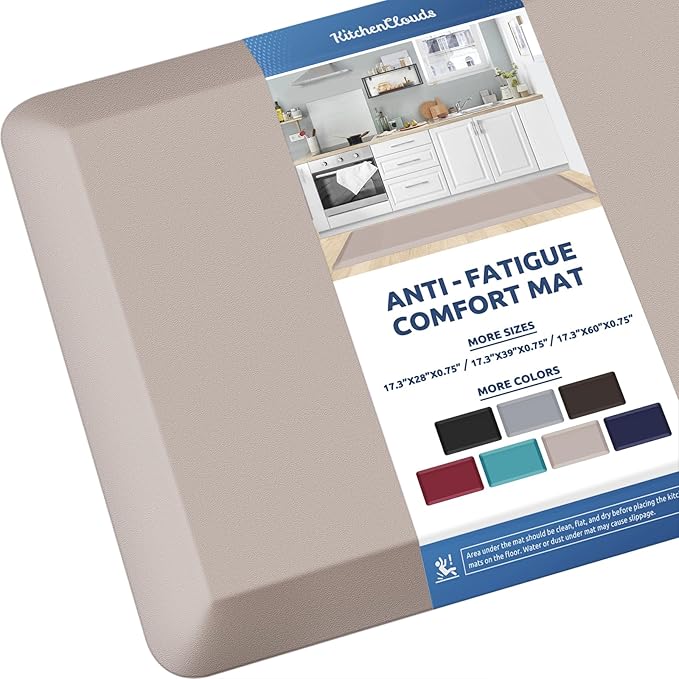KitchenClouds Kitchen Mat Cushioned Anti Fatigue Kitchen Rug 0.8inch Water Resistant Non Slip Kitchen Rugs and Mats Standing Desk Mat Comfort Floor Mats for Kitchen Sink Office (17.3"x60",Khaki)
