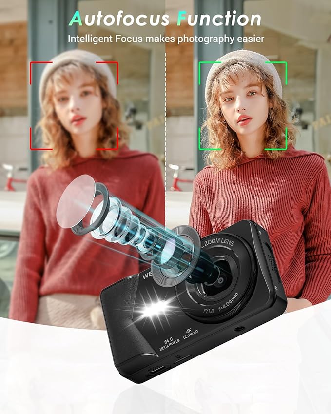 4K Digital Camera, Wevoor 64MP Point and Shoot Digital Camera with Autofocus, 18X Zoom, 20 Filters, 64GB SD Card, 2000 mAh battery, 2.8" Screen Compact Vlogging Camera for Beginners Teens Adult(Black)