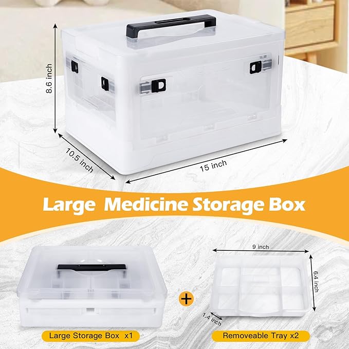 Extra Large Medicine Storage Box with Handles, First Aid Box Clear Medical Supply Organizer with Removable Tray, Multipurpose Plastic Medicine Chest with Wheels