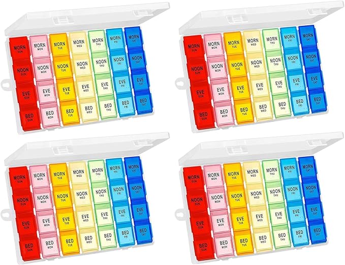 4Pack Weekly Pill Organizer 4 Times a Day, 7-Day Pill Boxes, Monthly Medication Organizer 28 Days Portable Compartments & Moisture-Proof Outer Case for Vitamins, Fish Oils, Supplements(Color)