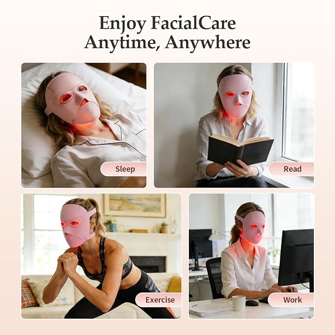 Red Light Therapy for Face, Rechargeable LED Face Mask Light Therapy, Portable Silicone Facial Mask with 4 Light Modes, Adjustable Brightness & Timer