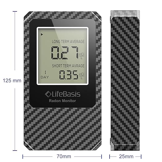 LifeBasis Radon Detector, Radon Test for Home with Long and Short Term Radon Meter, Home Radon Gas Monitor US Version-pCi/L (Update Version, Carbon Fiber Color)
