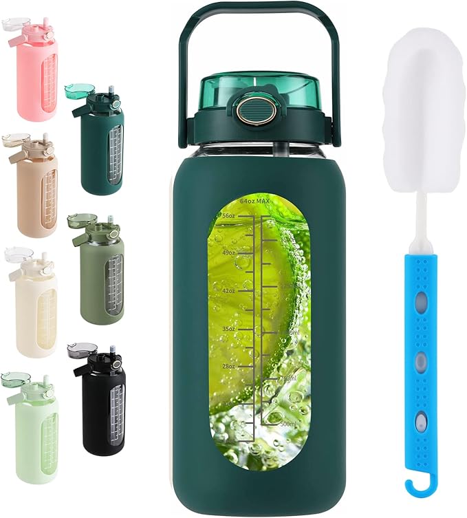Glass Water Bottle with Straw and Handle Lid Half Gallon Motivational Glass Bottle with Silicone Sleeve and Time Marker Large Reusable Sports Water Jug for Gym Home Workout