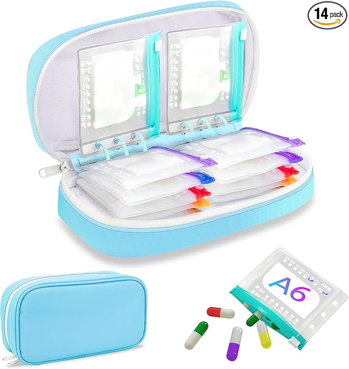 Weekly Pill Organizer 2 Times a Day - Timueetech A6 Waterproof 14 Pill Pouch Bags for Travel, BPA-Free Medicine Storage with Labels & Self-Sealing Design for Vitamins and Supplements, Blue