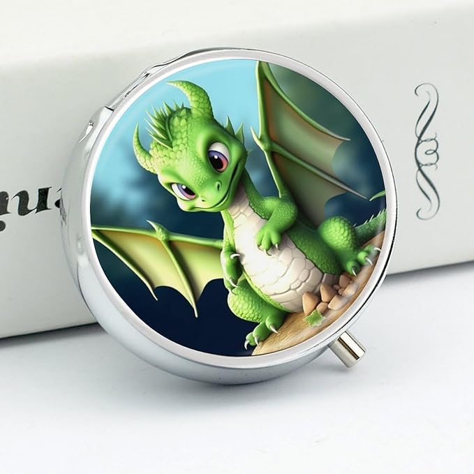 Dragon Cute Pill Box Travel Pill Case for Purse Pocket Weekly Medicine Organizer with Mirror 3 Compartment Round Medicine Case Portable PillcaseHolder for Daily