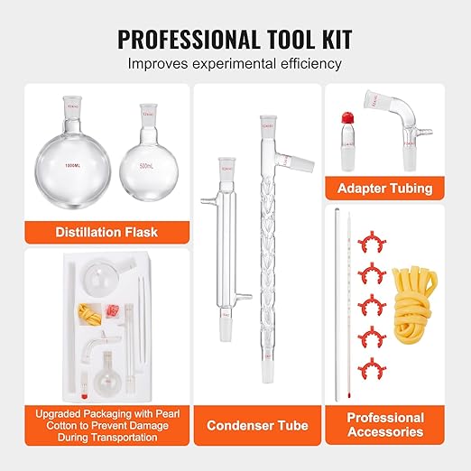 VEVOR Laboratory Distillation Set, 3.3 Borosilicate Glass Equipment with 24/40 Joint, 1000ml Capacity for Essential Oil Extraction, 14-Piece Glassware Kit